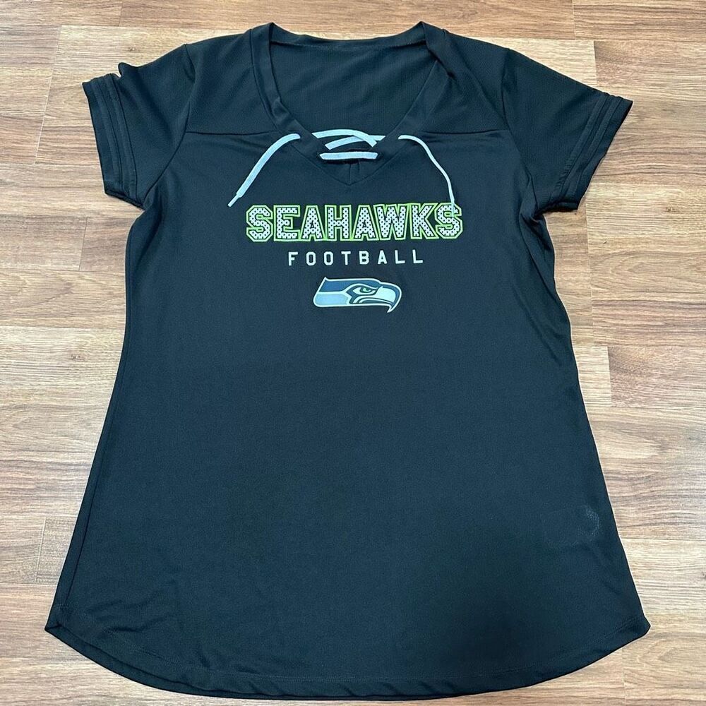 NFL Seattle Seahawks Team Apparel Black V-Neck Jersey Shirt | Women Size XL